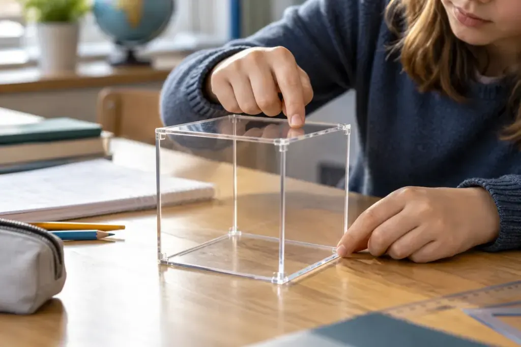 Un modèle transparent de cube aux arêtes bien visibles.