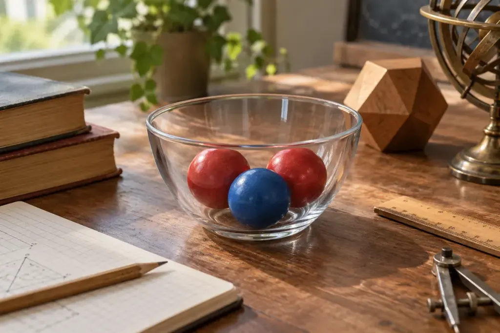Deux boules rouges et une boule bleue dans un récipient transparent.