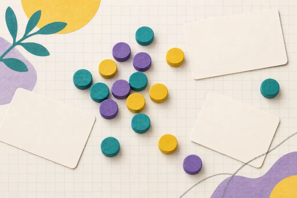 Illustration décorative de petits jetons colorés et de cartes sur du papier quadrillé