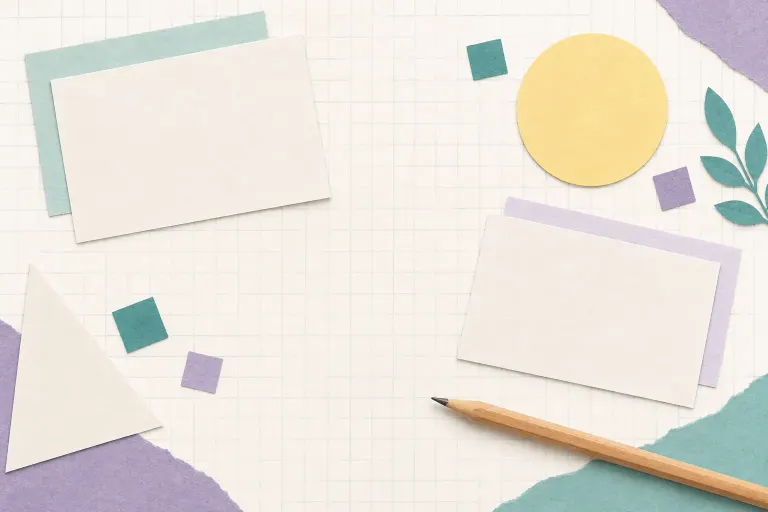 Illustration décorative de cartes géométriques et de petits carrés bleus et verts sur un bureau clair