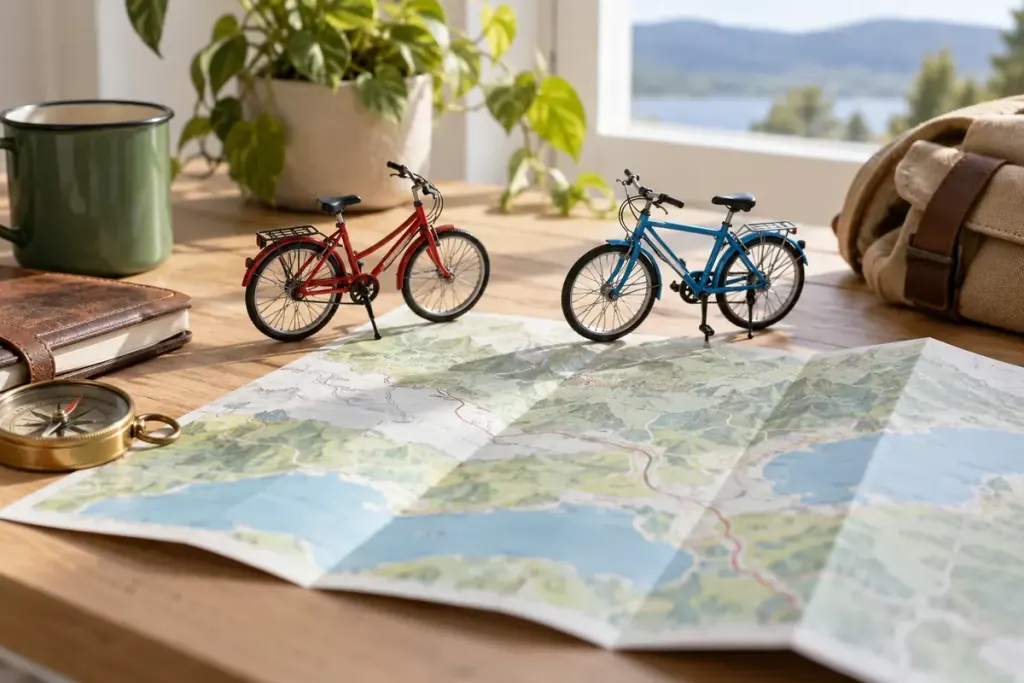 Deux vélos miniatures posés près d’une carte, illustration d’un trajet aller-retour.